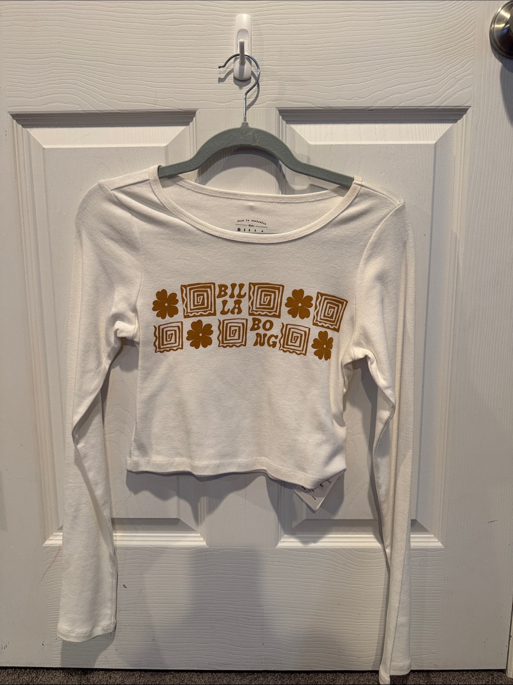Billabong White Long-Sleeve Cropped Tee with Mustard Graphic